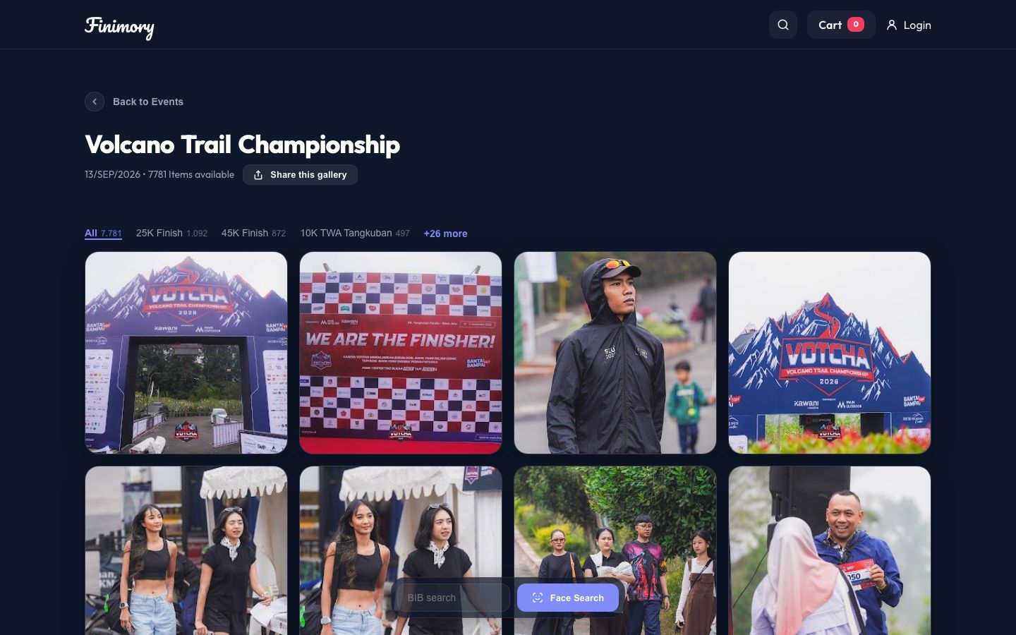 An event gallery: spots along the top, watermarked photos, and the search bar at the bottom.