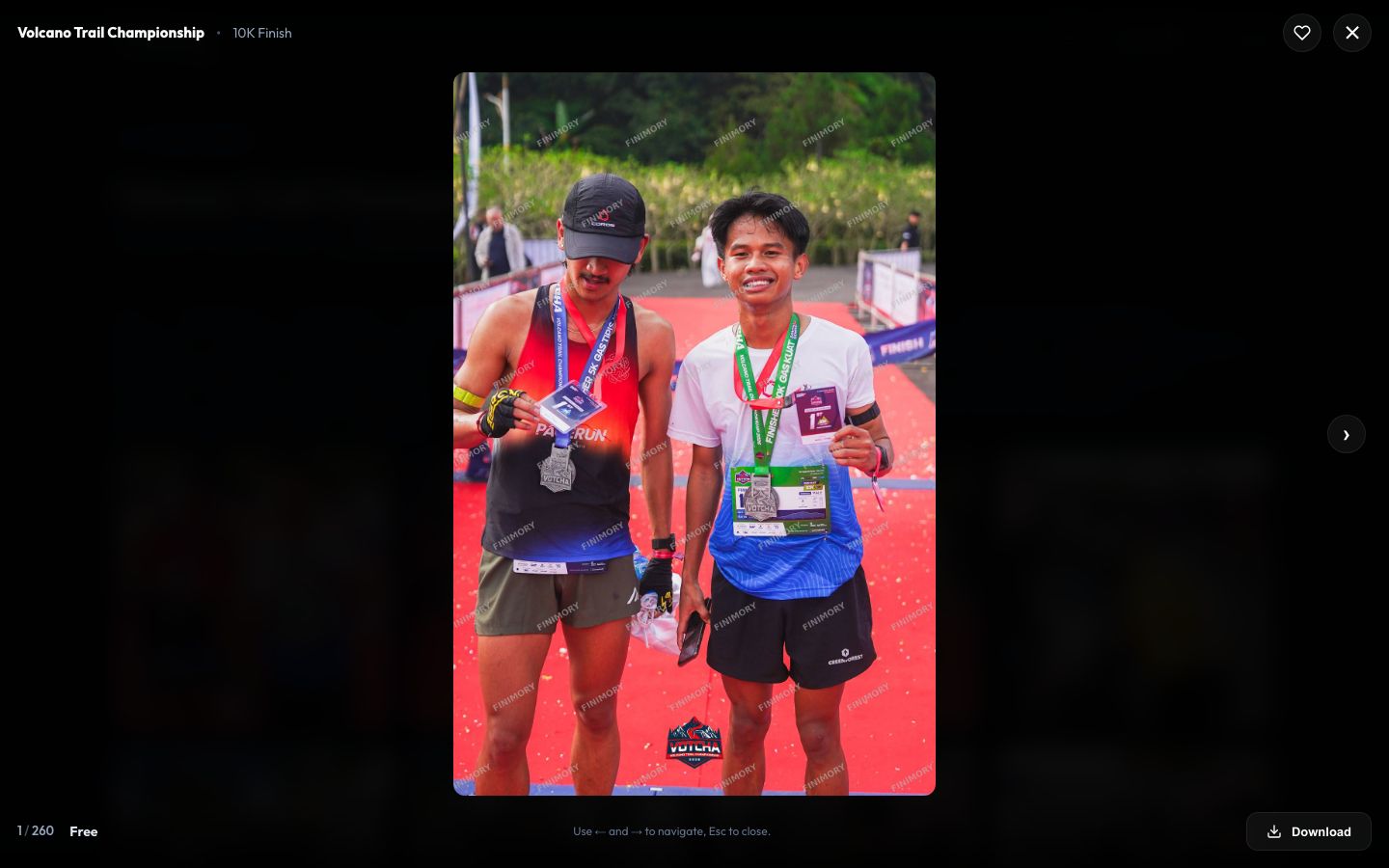 Preview: event and spot at the top, price at the bottom left, ← and → to move between photos.
